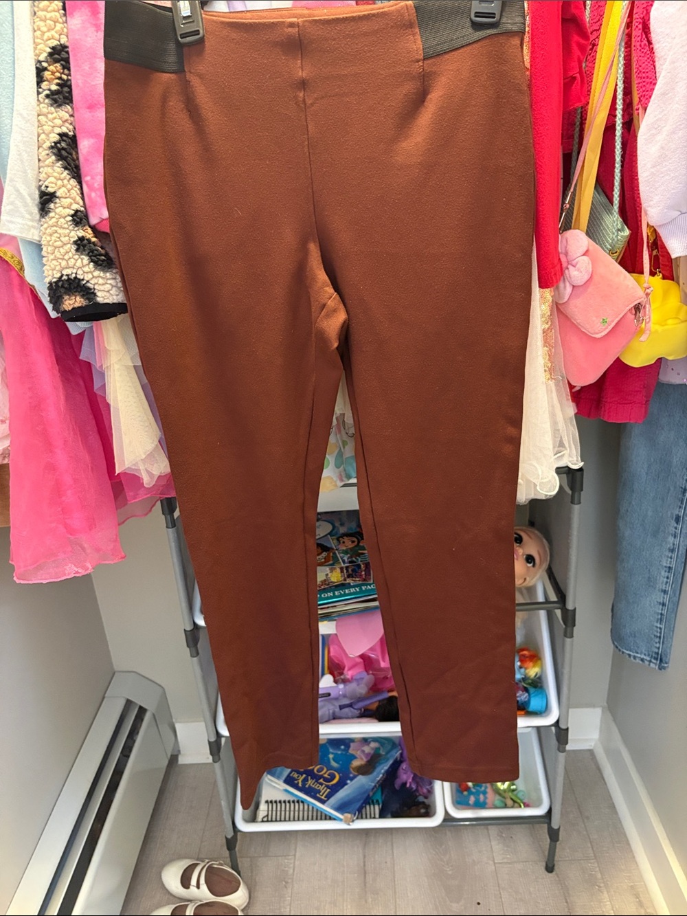 cleo Women's Skinny Ponte Pants in Rich Brown with Black Waistband